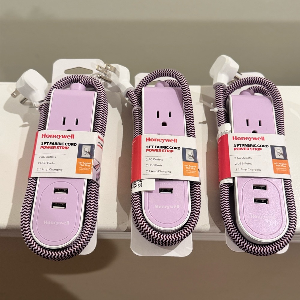 BUNDLE OF 3 Honeywell Power Strip with 2 AC Outlets,2 USB Ports, 3ft Fabric Cord